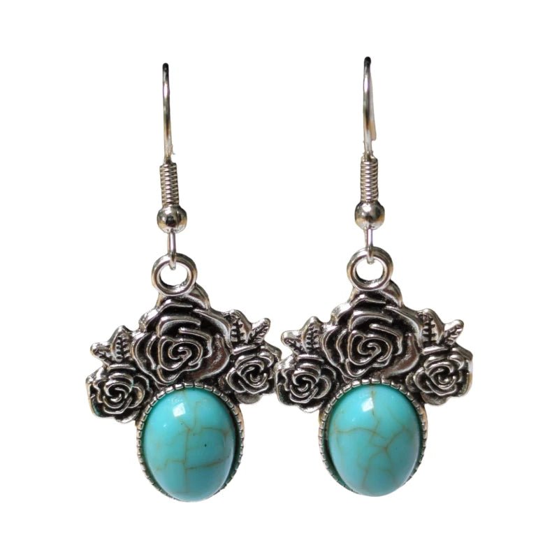 Boho Oorhangers met Lichtblauwe Steen &acirc;&euro;&ldquo; Rozen detail 48x21mm -