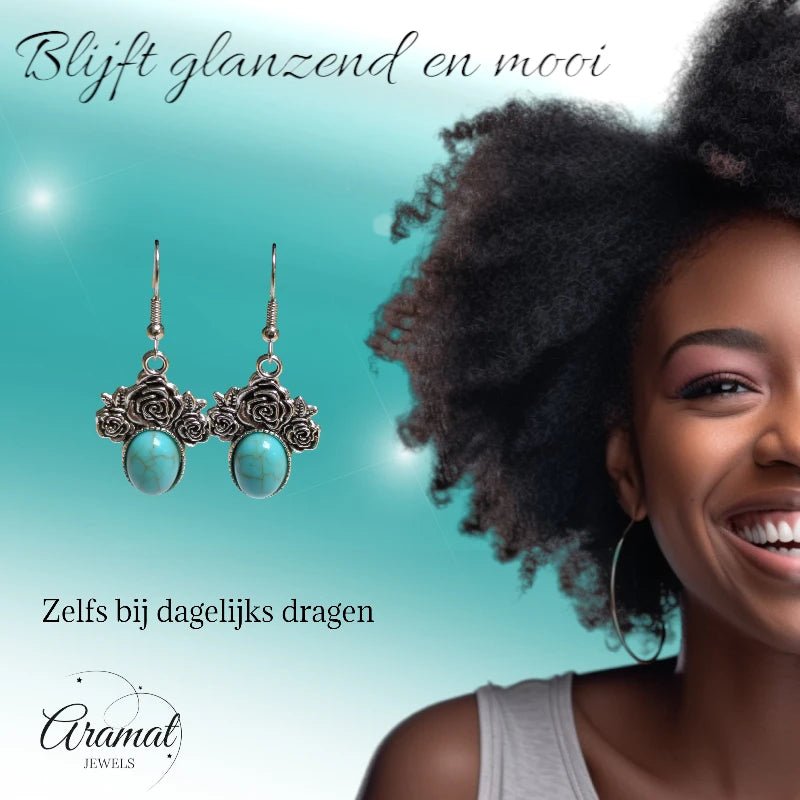 Boho Oorhangers met Lichtblauwe Steen &acirc;&euro;&ldquo; Rozen detail 48x21mm -