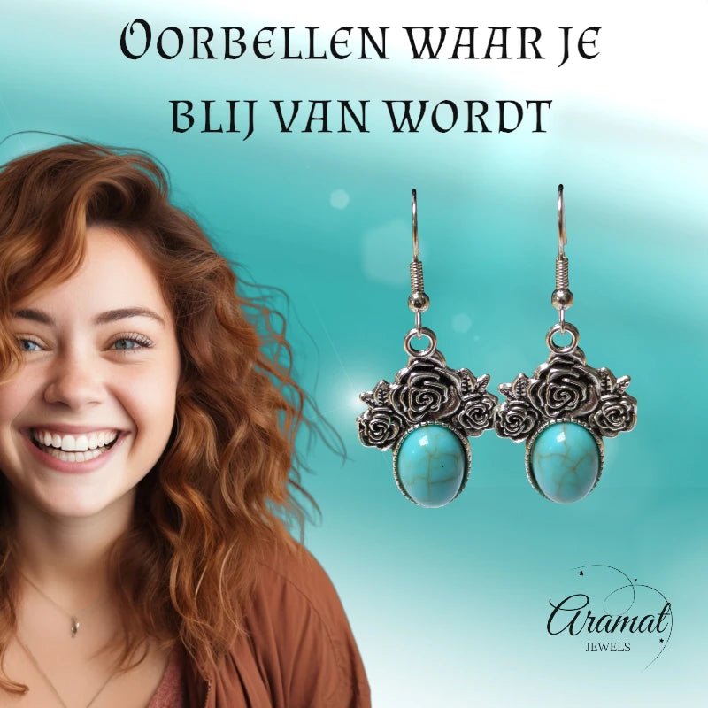 Boho Oorhangers met Lichtblauwe Steen &acirc;&euro;&ldquo; Rozen detail 48x21mm -