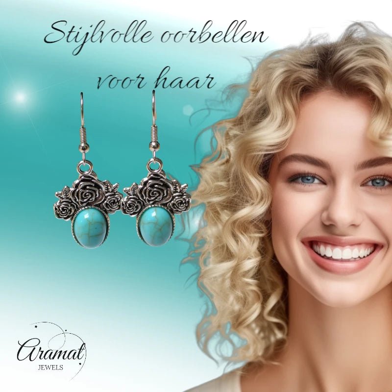 Boho Oorhangers met Lichtblauwe Steen &acirc;&euro;&ldquo; Rozen detail 48x21mm -