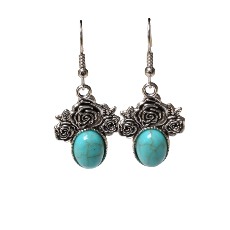 Boho Oorhangers met Lichtblauwe Steen &acirc;&euro;&ldquo; Rozen detail 48x21mm -