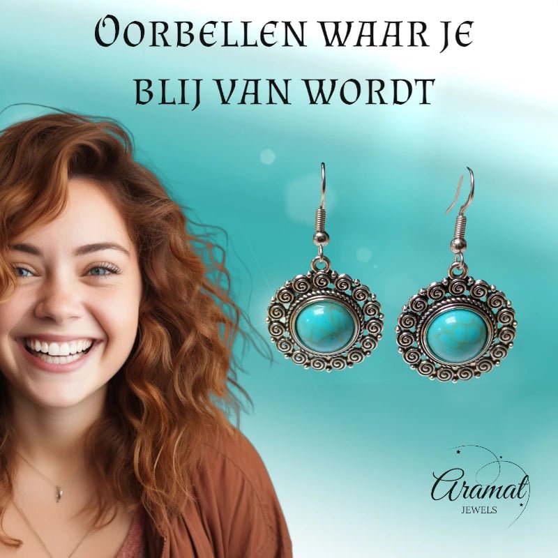 Boho Ronde Oorhangers &acirc;&euro;&ldquo; Blauwe Gemarmerde Stenen (46x25mm) -