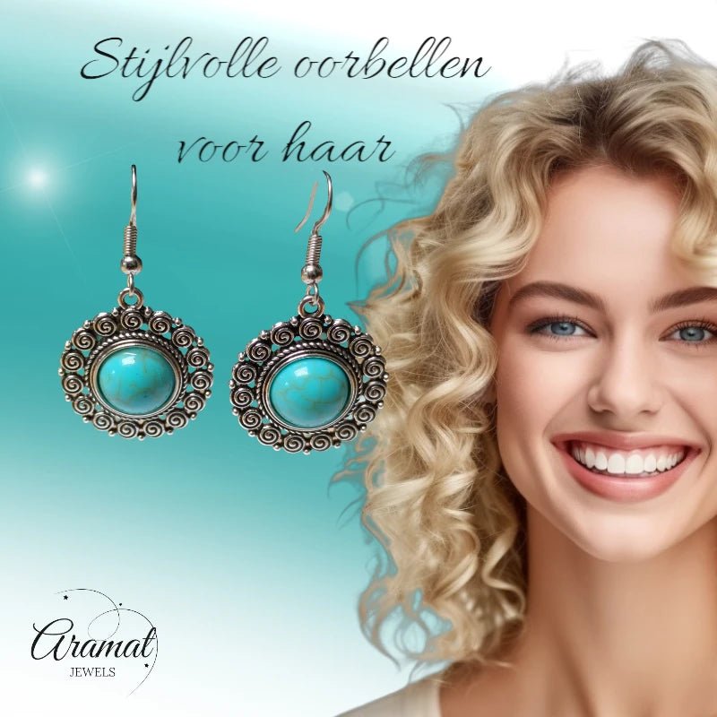 Boho Ronde Oorhangers &acirc;&euro;&ldquo; Blauwe Gemarmerde Stenen (46x25mm) -