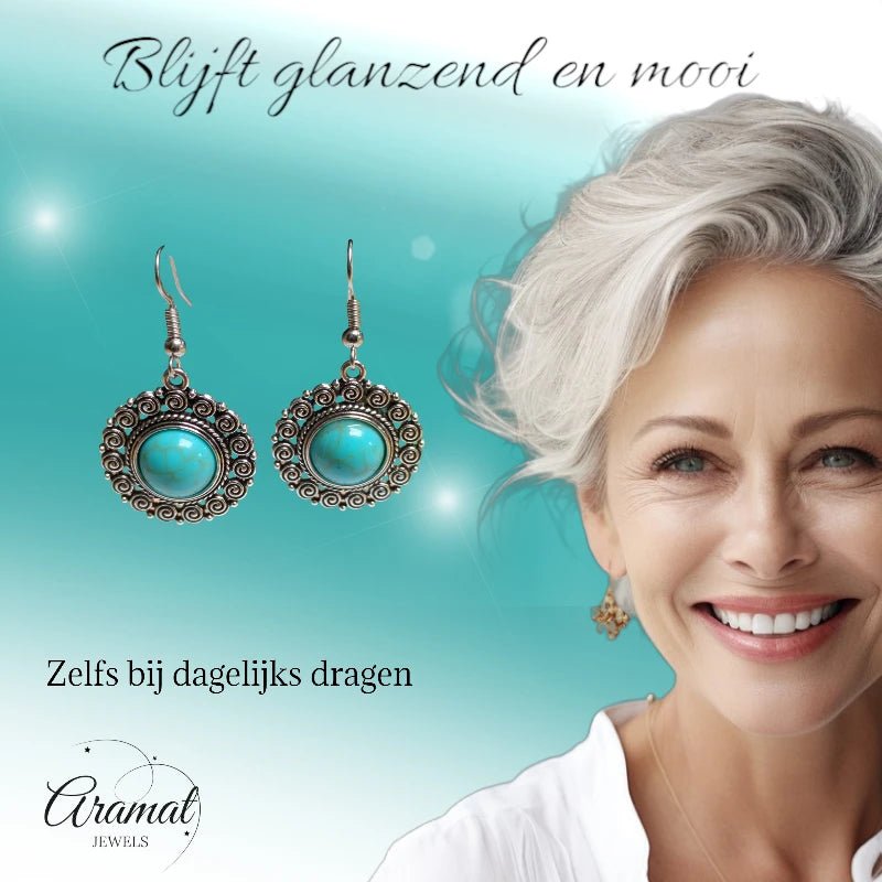 Boho Ronde Oorhangers &acirc;&euro;&ldquo; Blauwe Gemarmerde Stenen (46x25mm) -