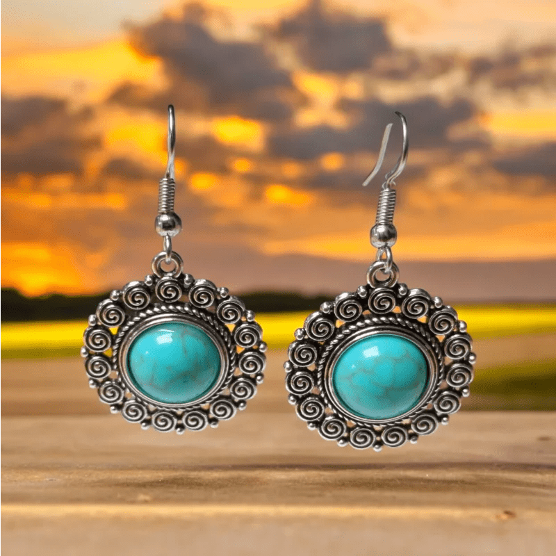 Boho Ronde Oorhangers &acirc;&euro;&ldquo; Blauwe Gemarmerde Stenen (46x25mm) -