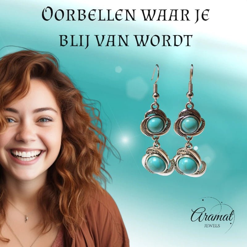 Boho Oorhangers Bloem met Blauwe Gemarmerde Steen -