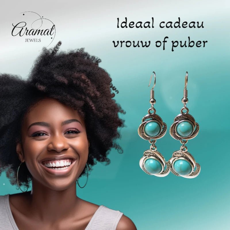 Boho Oorhangers Bloem met Blauwe Gemarmerde Steen -
