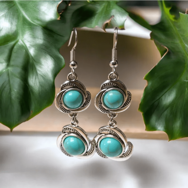 Boho Oorhangers Bloem met Blauwe Gemarmerde Steen -