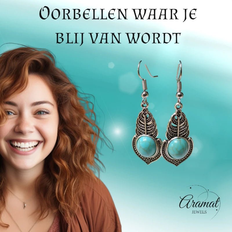 Boho Oorhangers Veertje met Blauwe Steen -