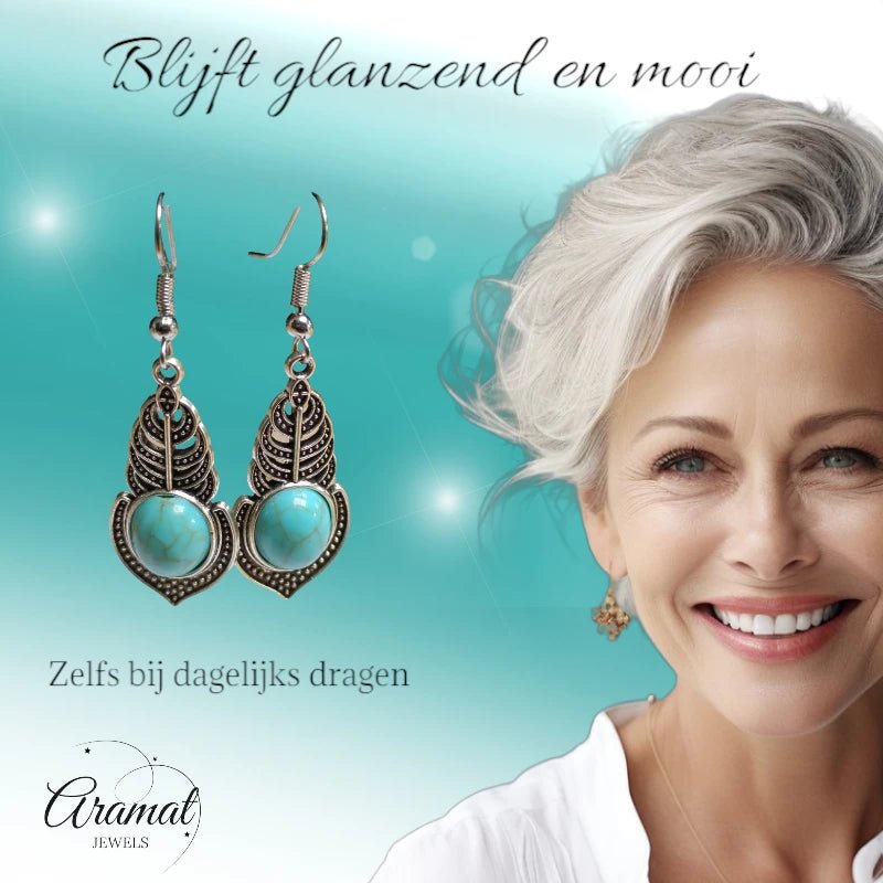 Boho Oorhangers Veertje met Blauwe Steen -
