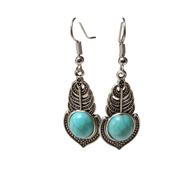 Boho Oorhangers Veertje met Blauwe Steen -