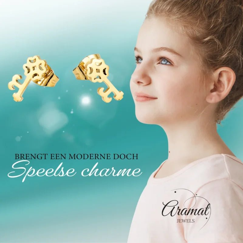Goudkleurige Sleutel Oorbellen 10x5mm &acirc;&euro;&ldquo; Stalen Speelsheid -