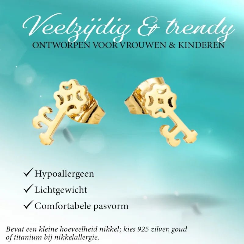 Goudkleurige Sleutel Oorbellen 10x5mm &acirc;&euro;&ldquo; Stalen Speelsheid -