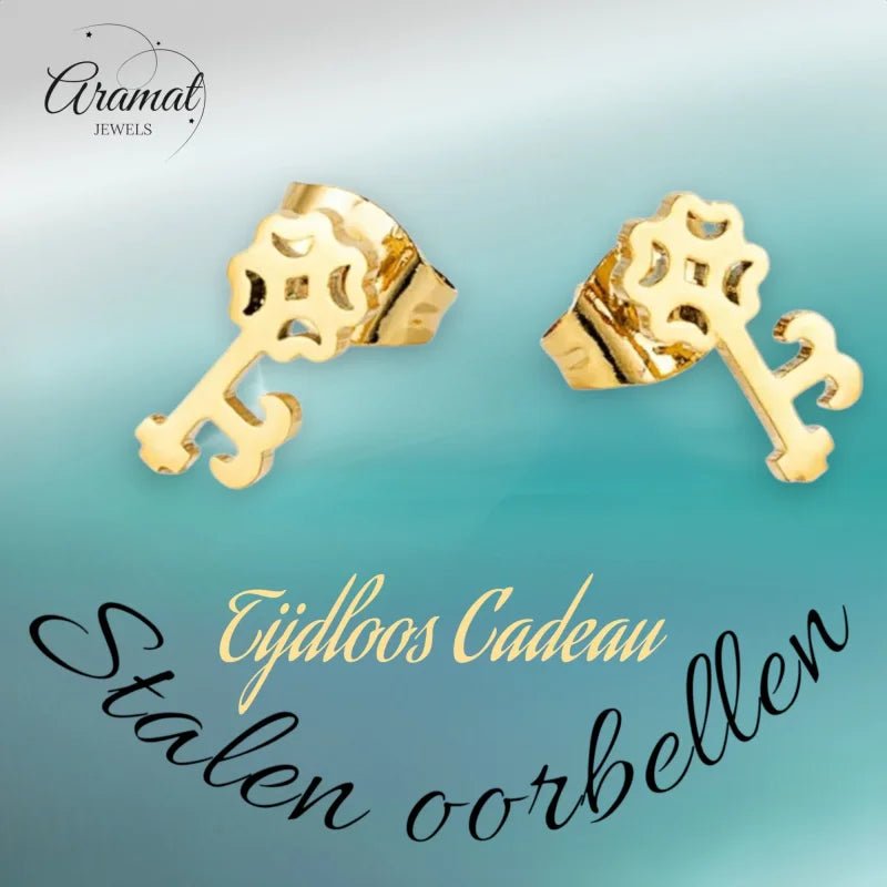 Goudkleurige Sleutel Oorbellen 10x5mm &acirc;&euro;&ldquo; Stalen Speelsheid -