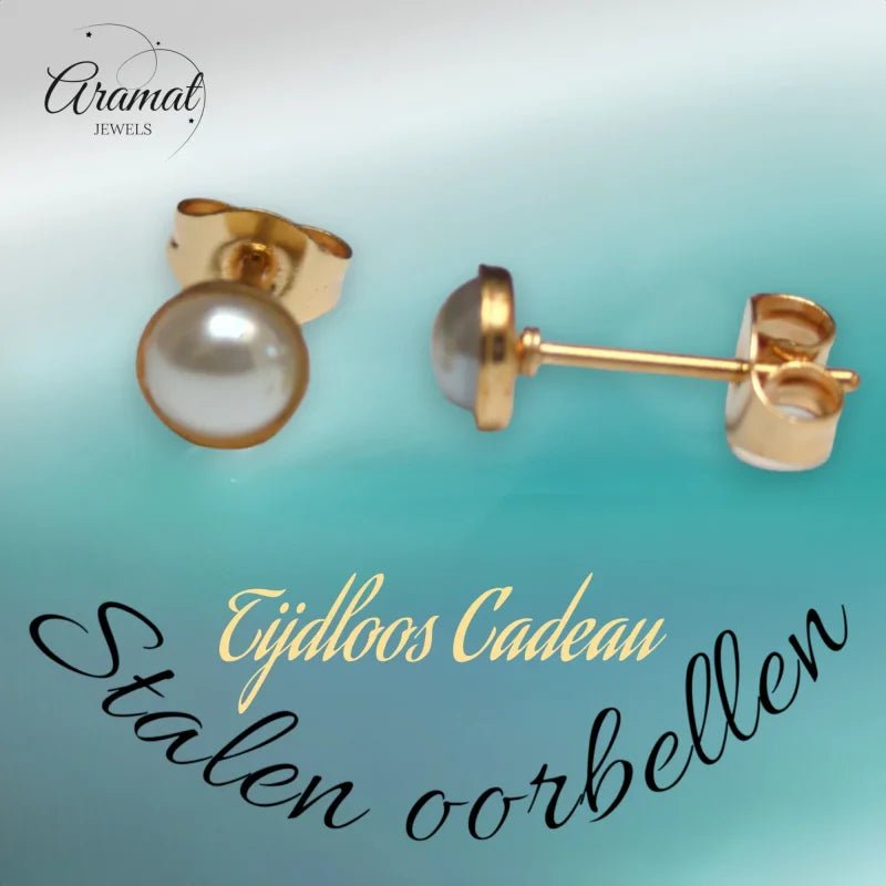 Goudkleurige Stalen Witte Parel Oorbellen -