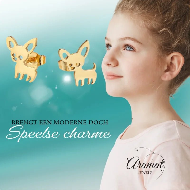 Goudkleurige Oorbellen Met Stalen Chihuahua Hondjes -