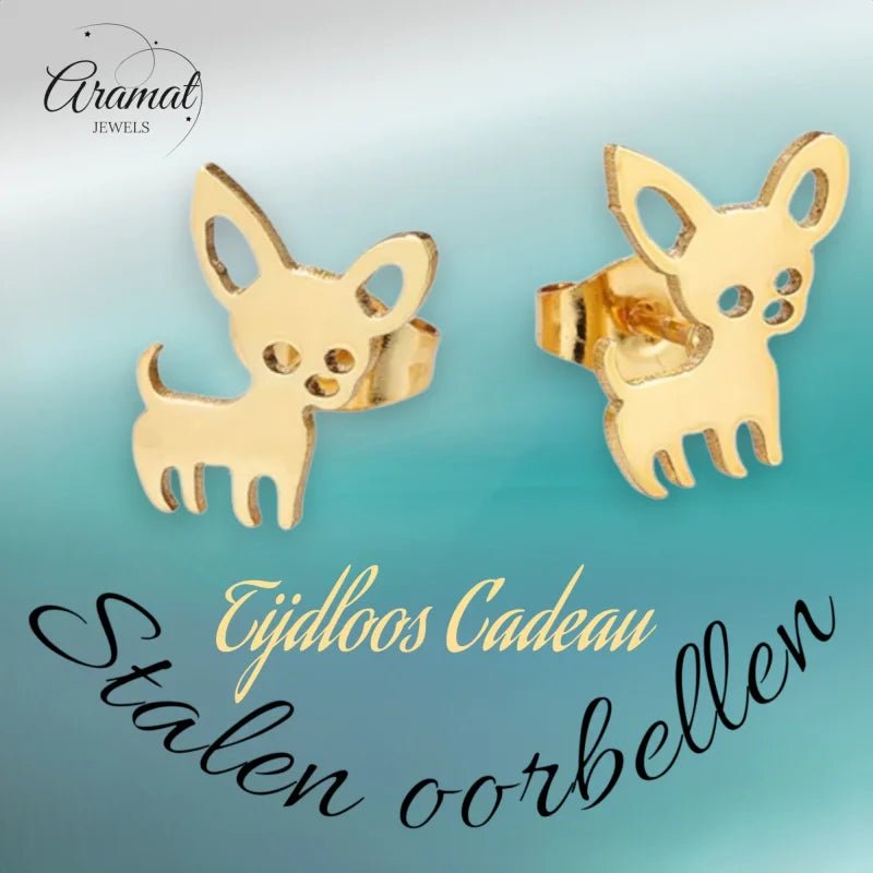 Goudkleurige Oorbellen Met Stalen Chihuahua Hondjes -