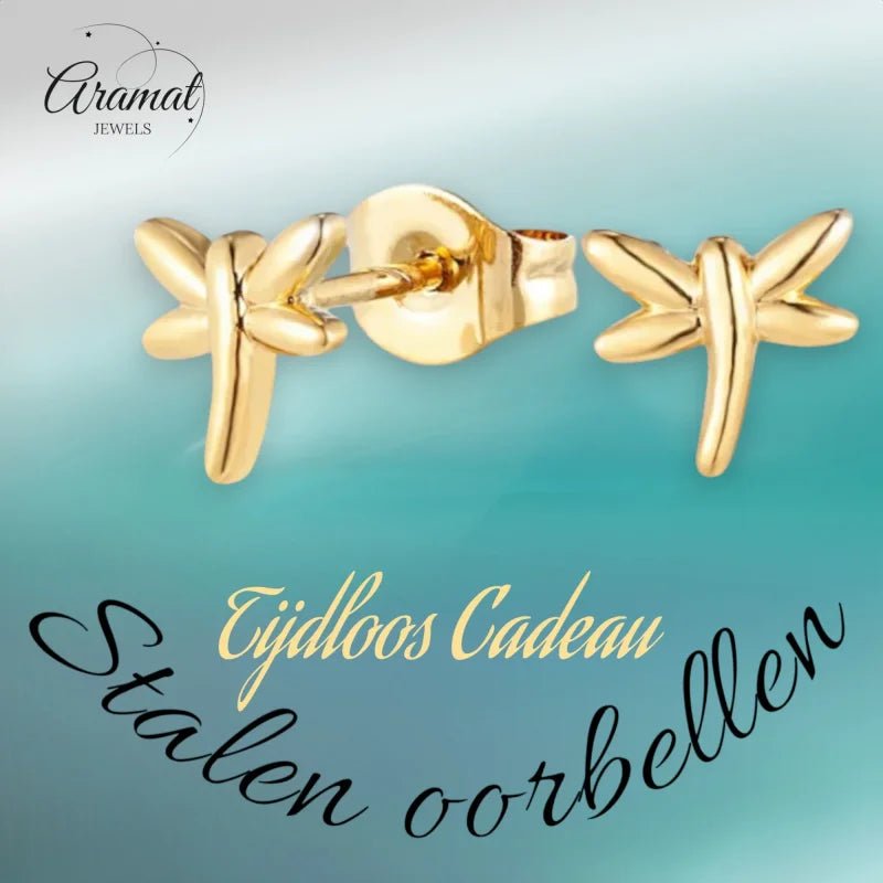 Goudkleurige Stalen Libelle Oorbellen -