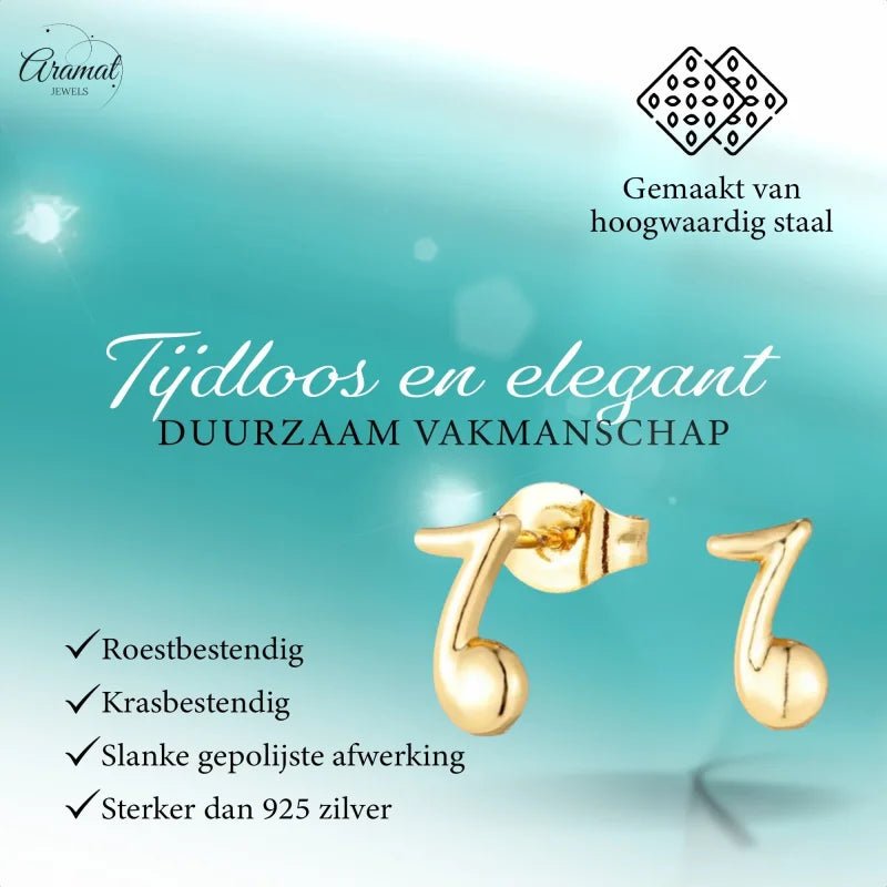 Goudkleurige Stalen Muzieknoot Oorbellen 8x6mm RVS -