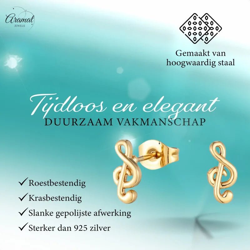 Goudkleurige Stalen Muzieksleutel Oorbellen 9x4mm RVS -