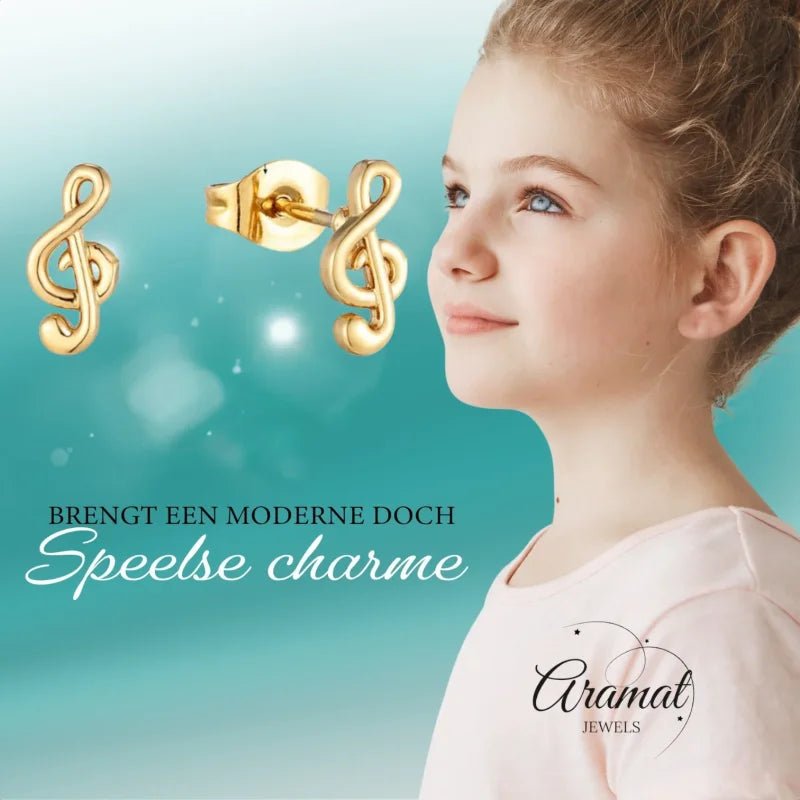 Goudkleurige Stalen Muzieksleutel Oorbellen 9x4mm RVS -