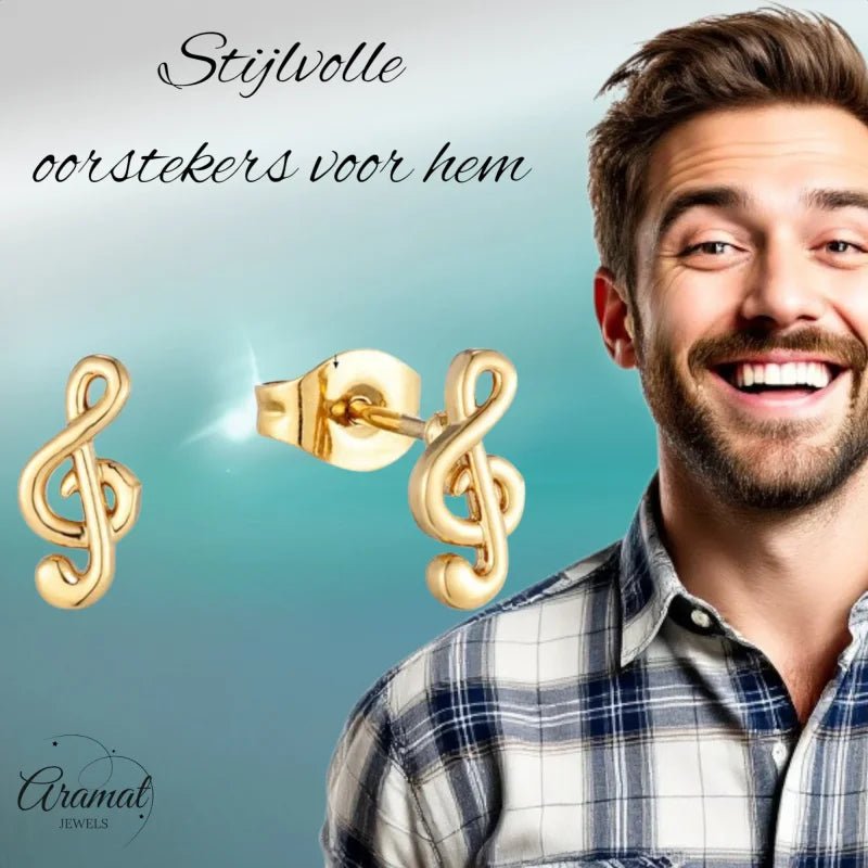 Goudkleurige Stalen Muzieksleutel Oorbellen 9x4mm RVS -
