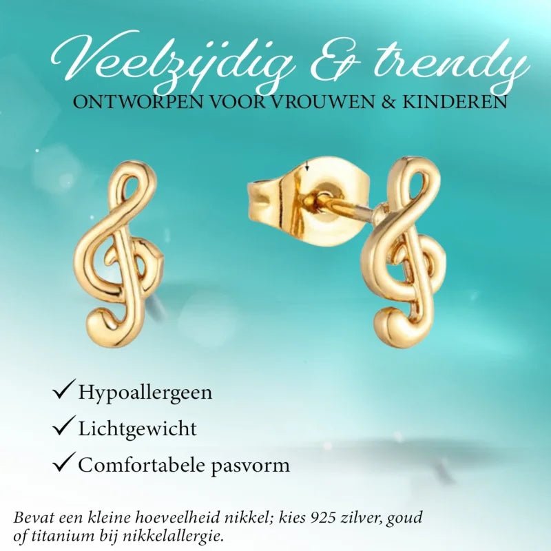 Goudkleurige Stalen Muzieksleutel Oorbellen 9x4mm RVS -