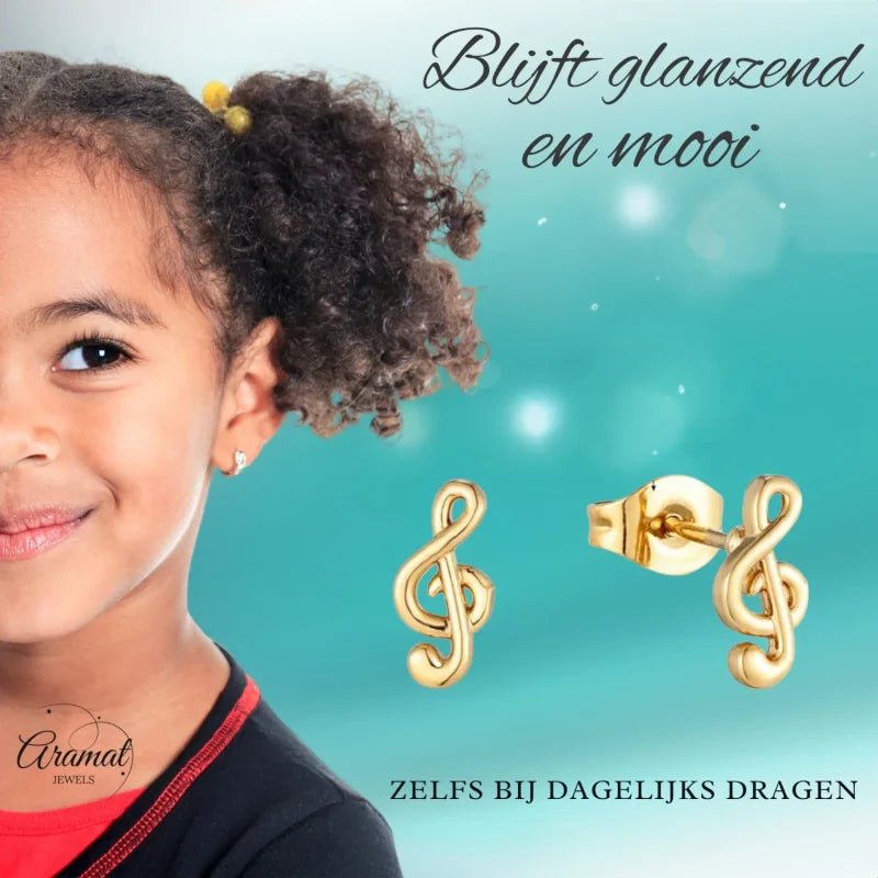 Goudkleurige Stalen Muzieksleutel Oorbellen 9x4mm RVS -