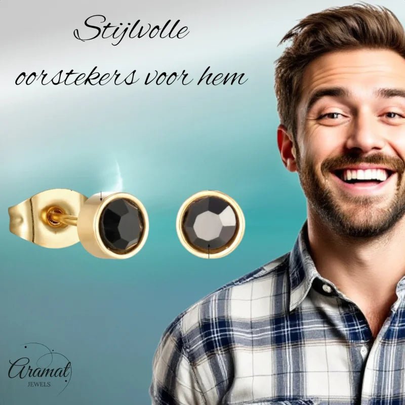 Goudkleurige Oorbellen Met Zwarte Kristal -