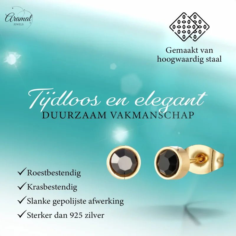 Goudkleurige Oorbellen Met Zwarte Kristal -