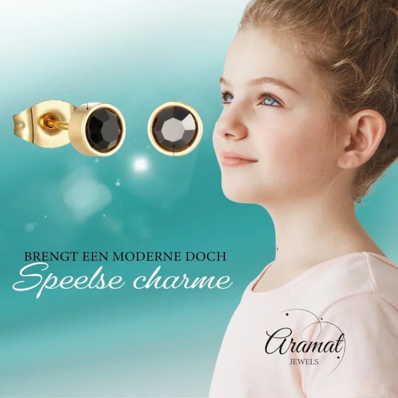 Goudkleurige Oorbellen Met Zwarte Kristal -