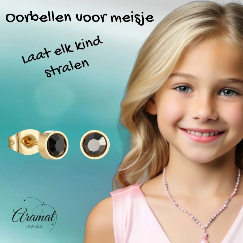 Goudkleurige Oorbellen Met Zwarte Kristal -