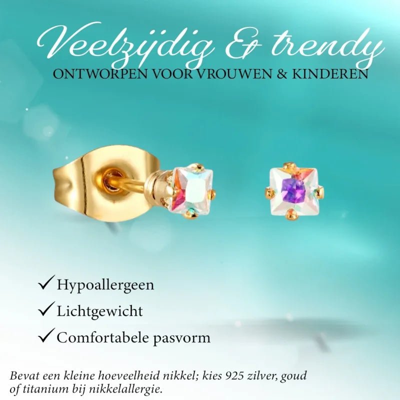 Goudkleurige zirkonia Oorbellen vierkant - RVS -