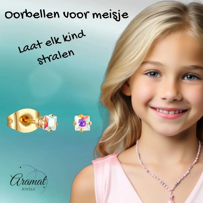 Goudkleurige zirkonia Oorbellen vierkant - RVS -