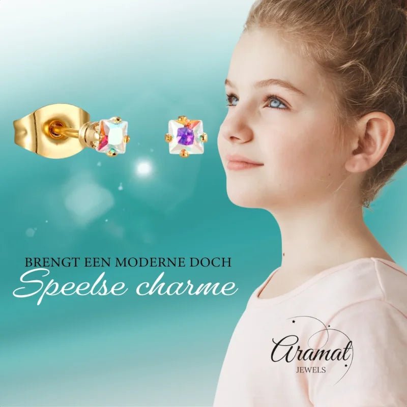 Goudkleurige zirkonia Oorbellen vierkant - RVS -