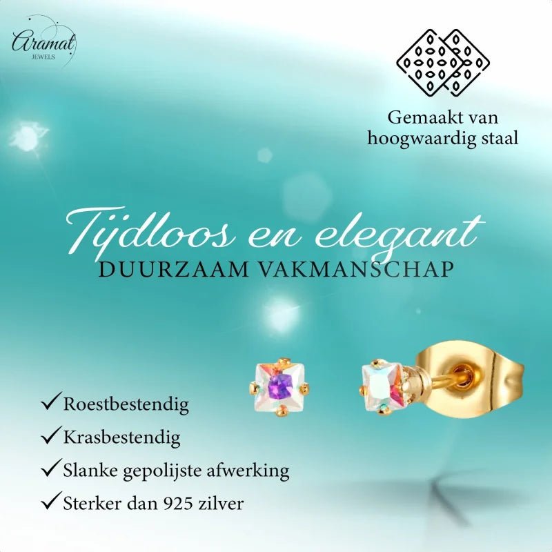 Goudkleurige zirkonia Oorbellen vierkant - RVS -