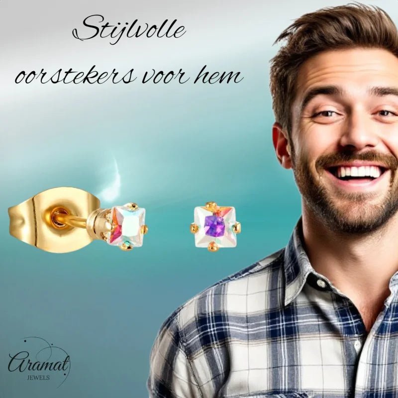 Goudkleurige zirkonia Oorbellen vierkant - RVS -