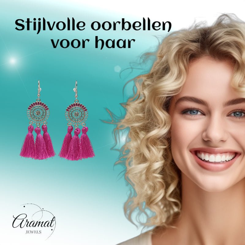Kwastjes oorhangers boho stijl paars -