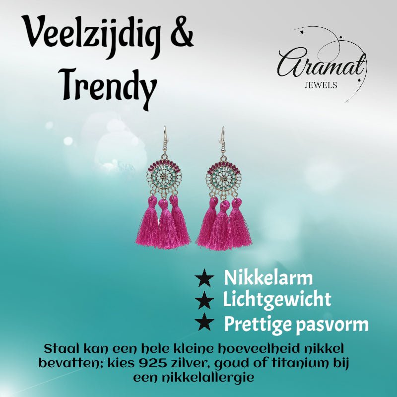 Kwastjes oorhangers boho stijl paars -