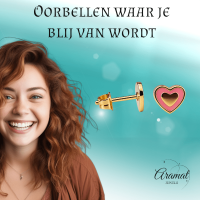 Goudkleurige hartjes oorbellen met roze emaille -