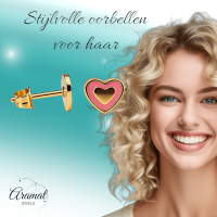 Goudkleurige hartjes oorbellen met roze emaille -
