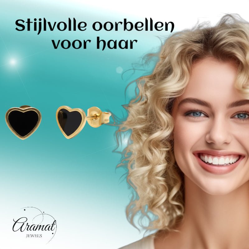 Hartjes Oorbellen In Roestvrij Staal Met Emaille - Zwart -