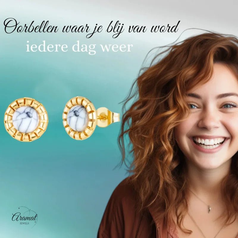 Goudkleurige Oorbellen Met Witte Gemarmerde Steen -
