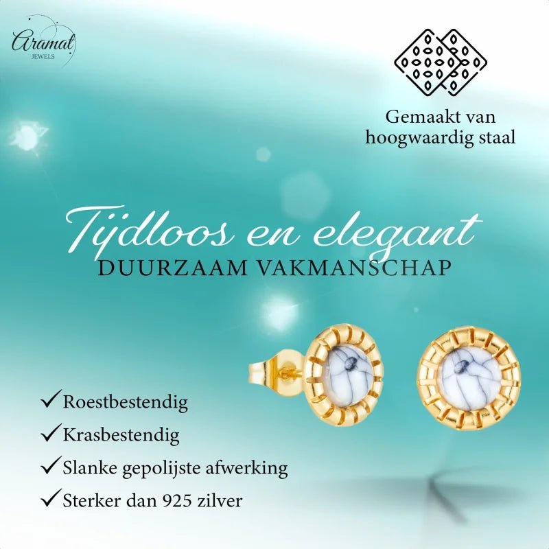 Goudkleurige Oorbellen Met Witte Gemarmerde Steen -