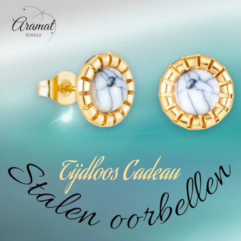 Goudkleurige Oorbellen Met Witte Gemarmerde Steen -