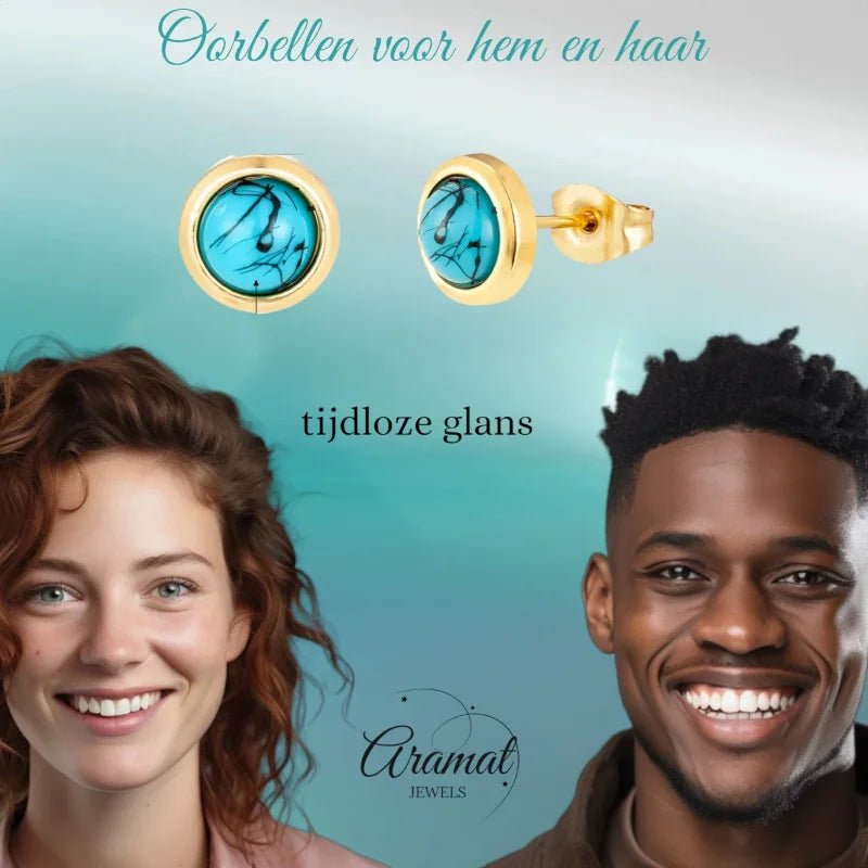 Stalen Oorbellen Met Gemarmerde Blauwe Steen -