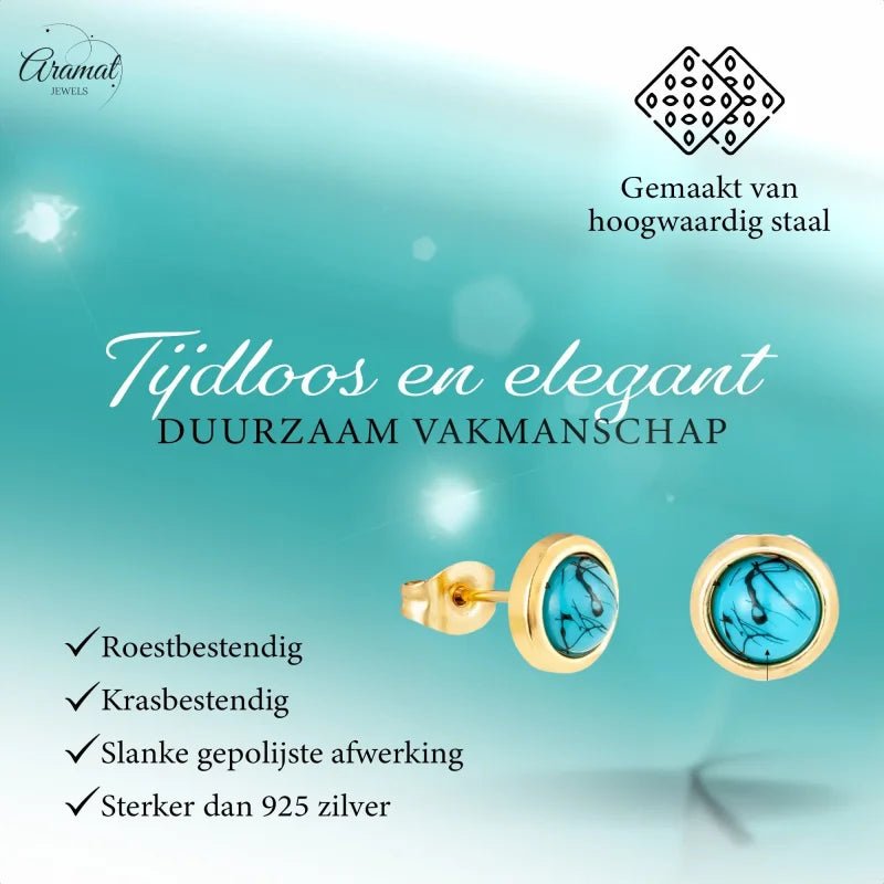 Stalen Oorbellen Met Gemarmerde Blauwe Steen -