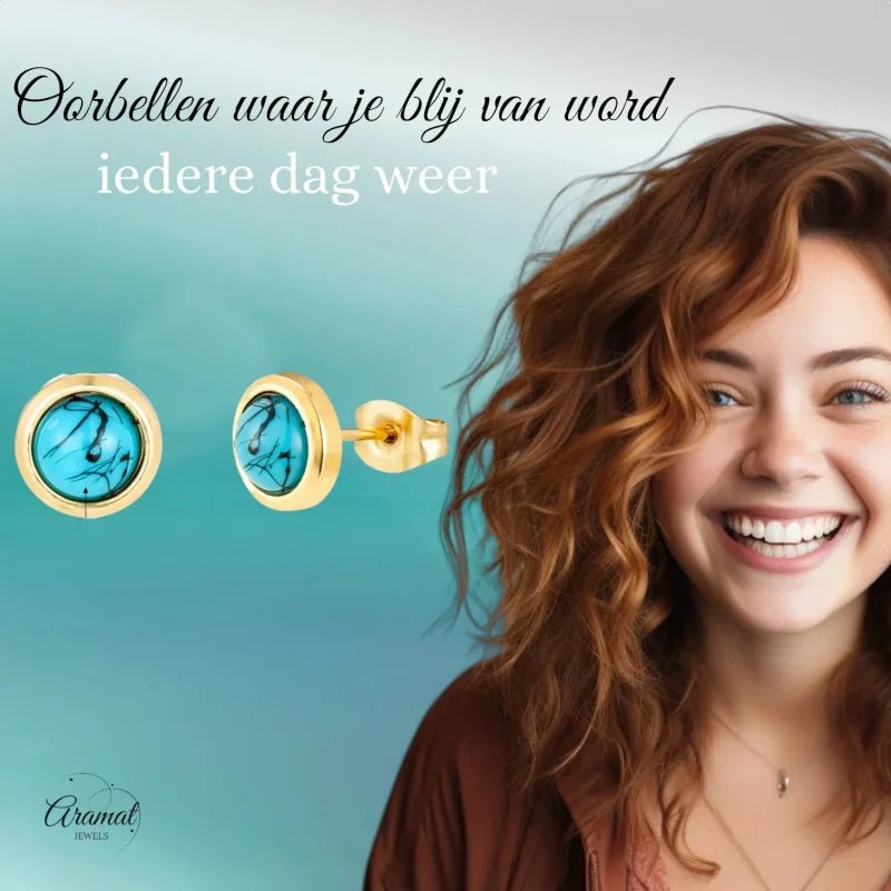 Stalen Oorbellen Met Gemarmerde Blauwe Steen -