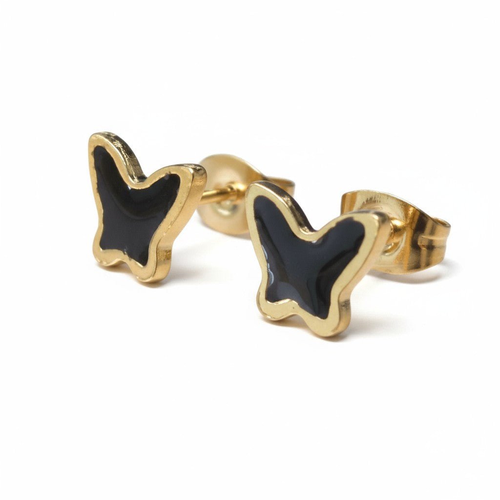 Goudkleurige Vlinder Oorbellen RVS en Emaille - Zwart -