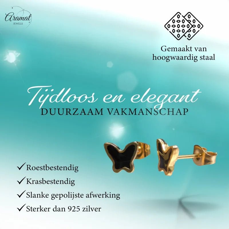 Goudkleurige Vlinder Oorbellen RVS en Emaille - Zwart -